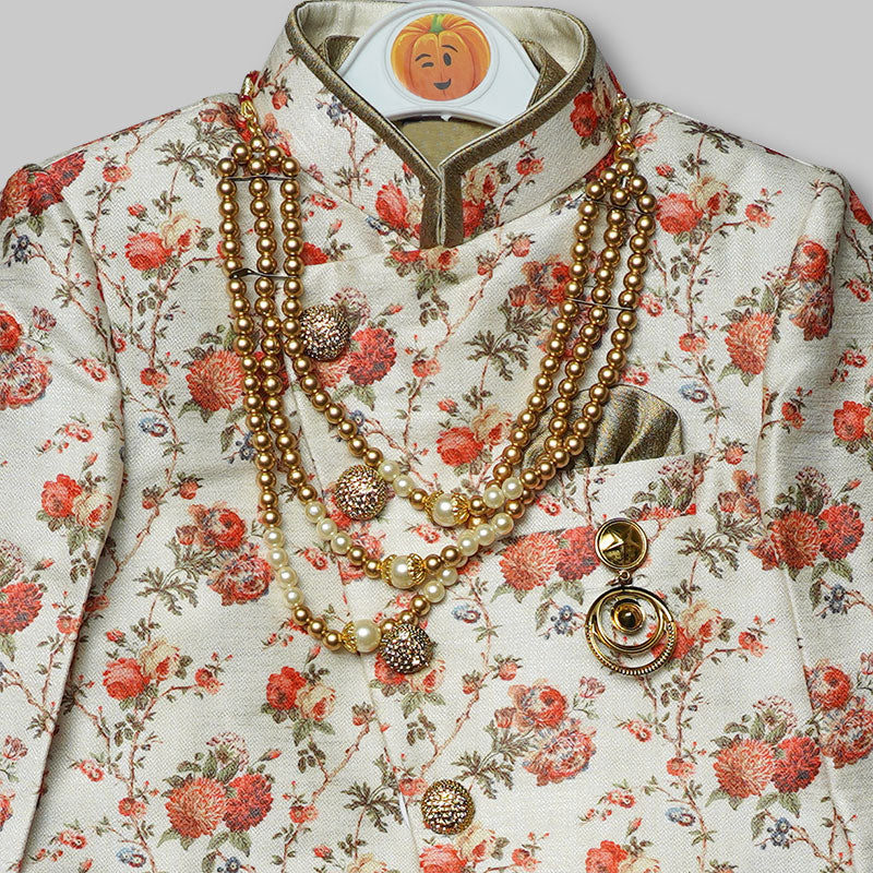 Golden Floral Boys Sherwani Close Up View