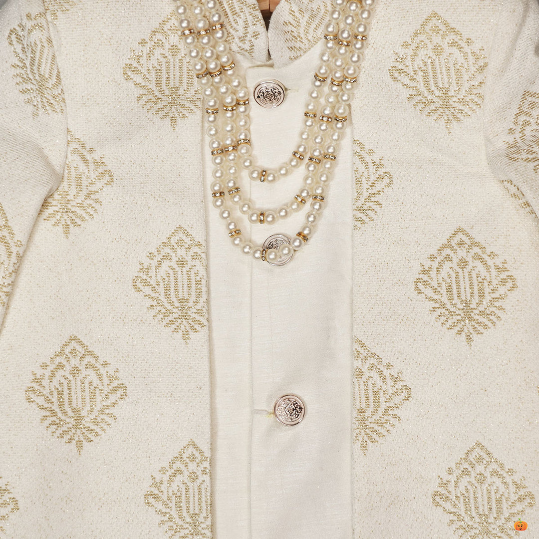 White Sherwani for Boys with Pajama CloseUp View