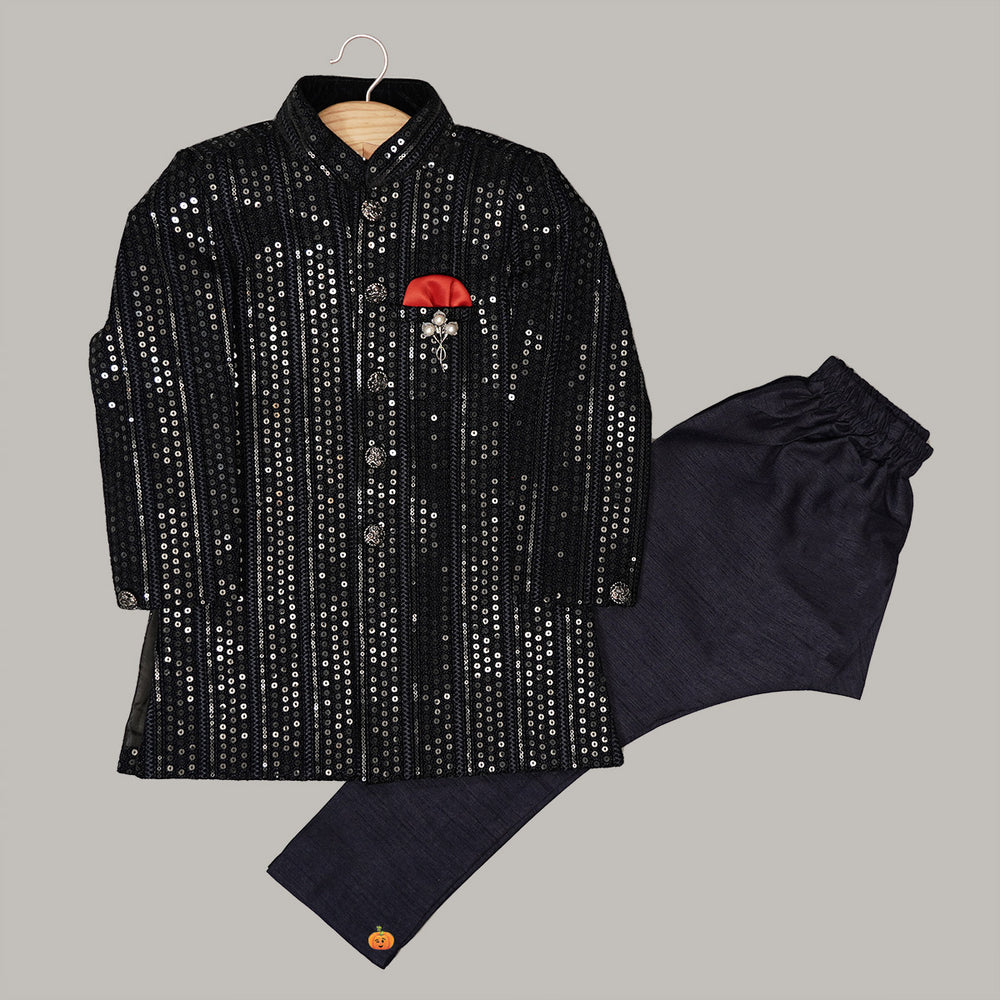 Navy Blue Sequin Sherwani for Boys Front View