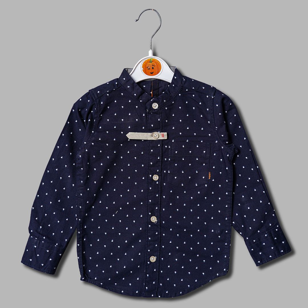 Solid Navy Blue Mandarin Collard Printed Shirt for Boys Variant Front View