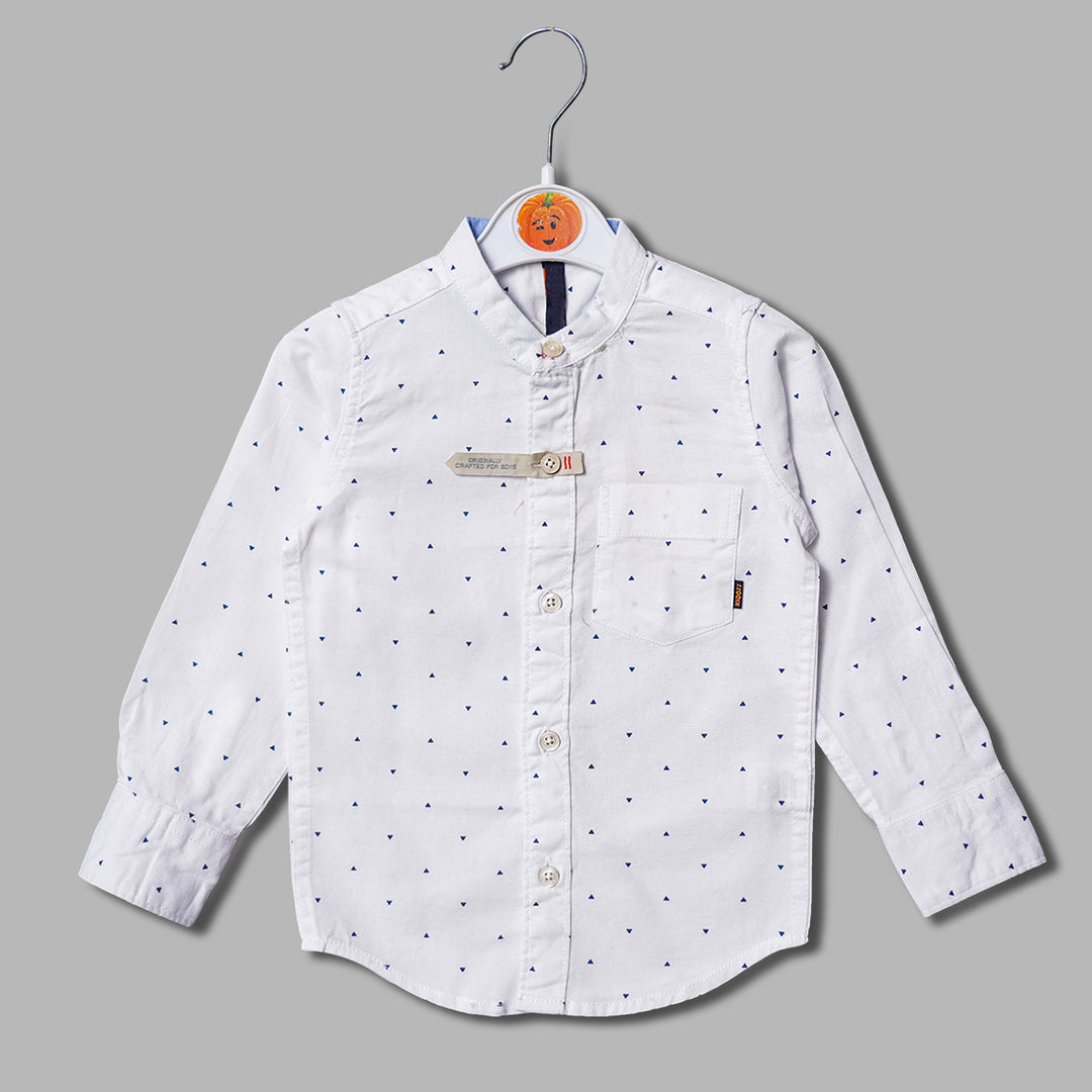 Solid White Mandarin Collard Printed Shirt for Boys Variant Front View