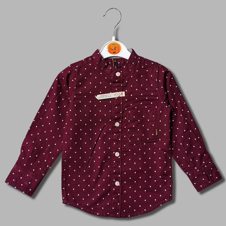 Solid Maroon Mandarin Collard Printed Shirt for Boys Variant Front View