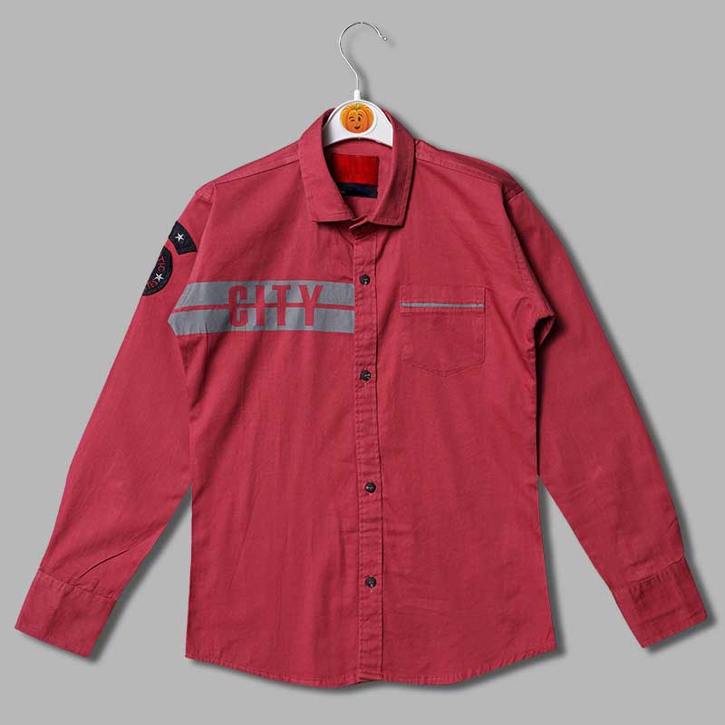 Solid Red Typography Print Full Sleeves Shirts for Boys Variant Front View