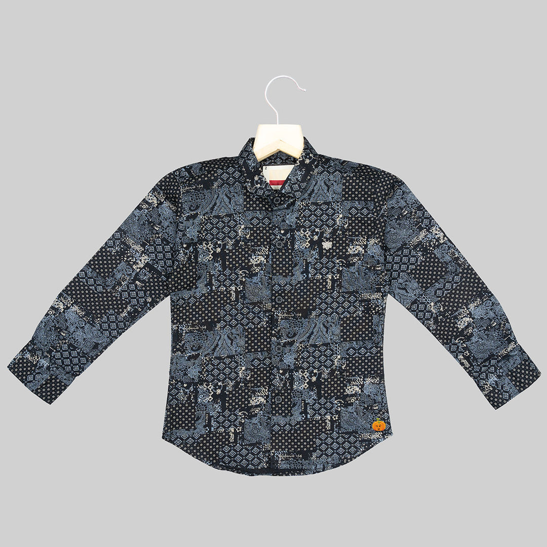 Black Printed Boys Shirt Front View