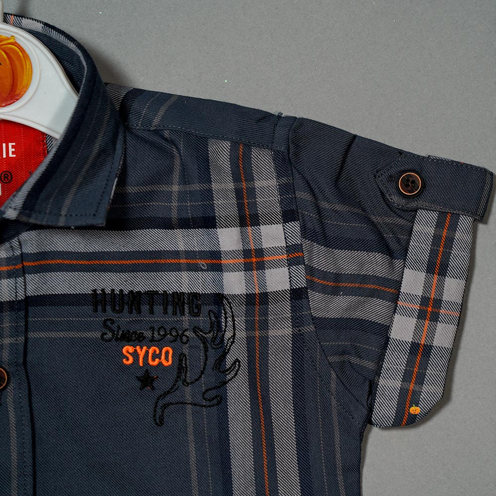 Grey Half Sleeves Checks Pattern Shirt for Boys Close Up View