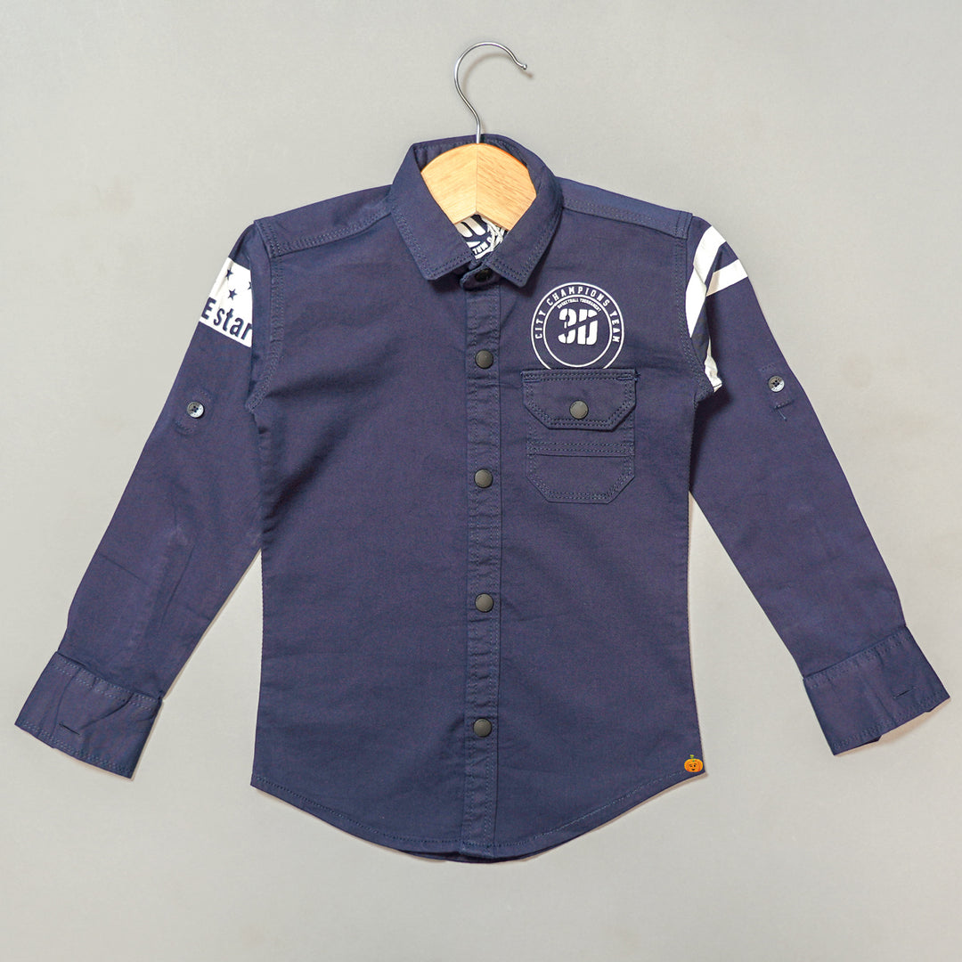 Solid Blue Designer Full Sleeves Shirt for Boys Variant Front View