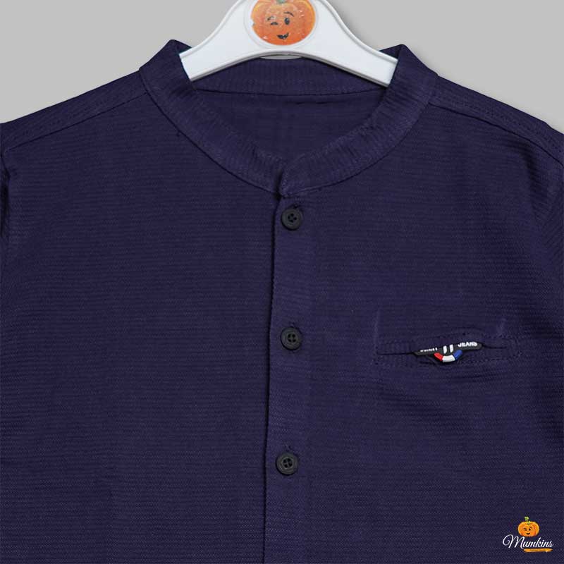 Navy Blue Yellow Full Sleeves Shirt for Boys Close Up View