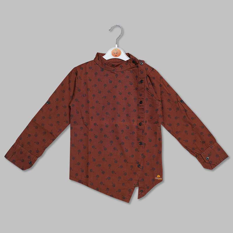 Brown Asymmetry Shirt for Boys with Side Button Front View