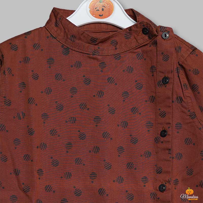 Brown Asymmetry Shirt for Boys with Side Button Close Up View