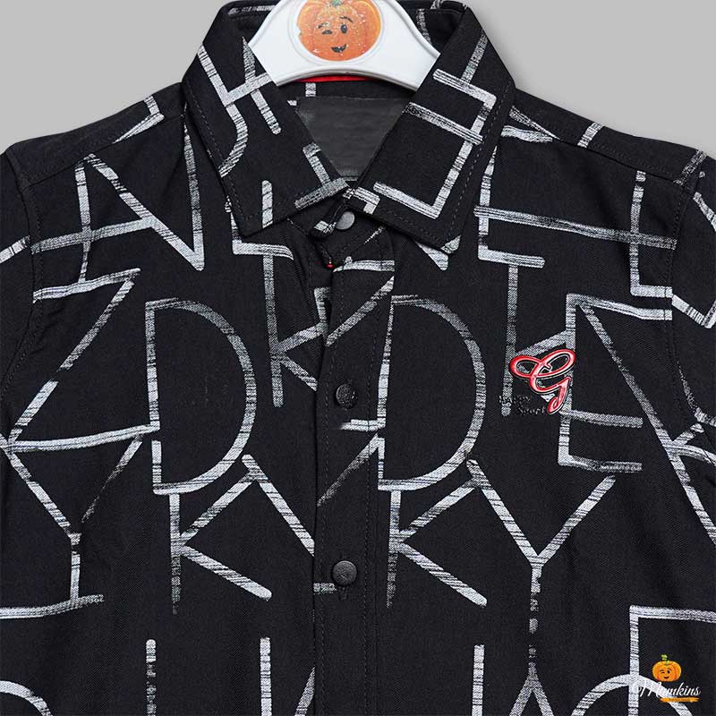 Black Calligraphic Print Shirt for Boys Close Up View