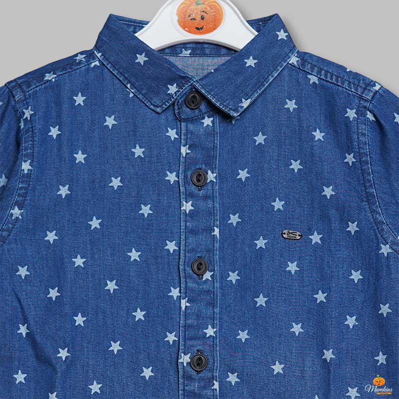 Blue Printed Shirt for Kids Close Up