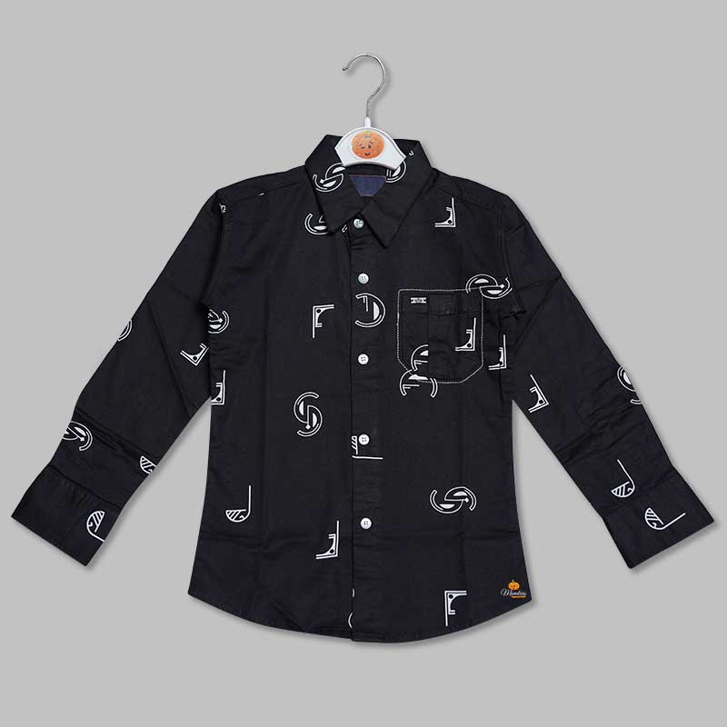 Black Calligraphic Print Shirt For Boys Front View