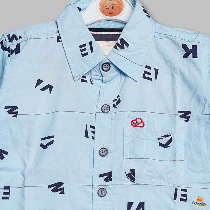 Blue Calligraphic Printed Shirt for Boys Close Up View