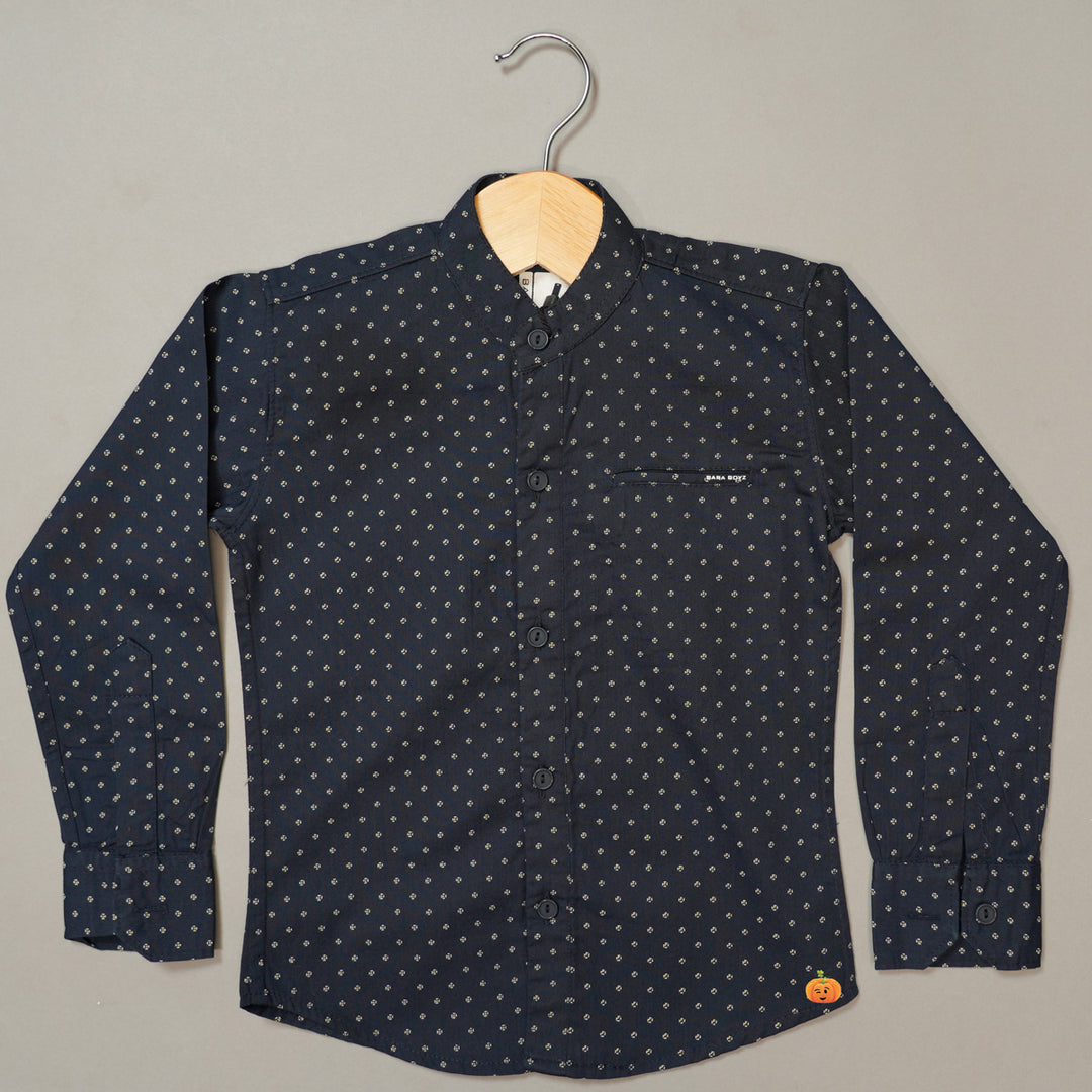 Blue Mandarin Collar Printed Boys Shirt Front 