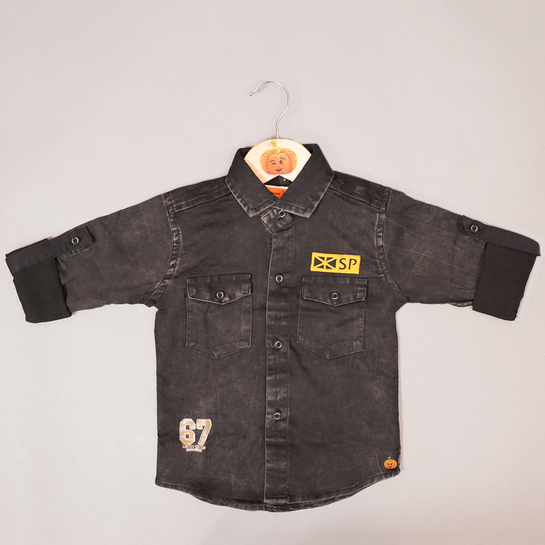 Black Denim Full Sleeves Shirt for Boys Front View