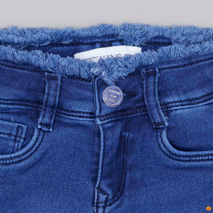 Navy Blue Denim Girls Shorts Close Up View