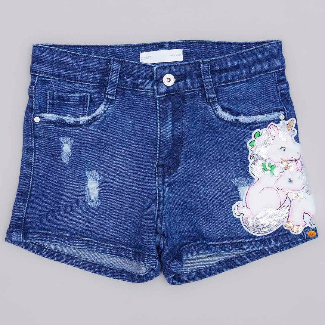 Blue Unicorn Pattern Denim Girls Shorts Front View