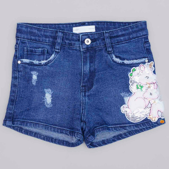 Blue Unicorn Pattern Denim Girls Shorts Front View