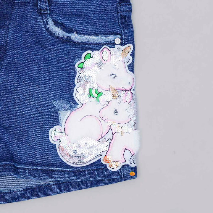 Blue Unicorn Pattern Denim Girls Shorts Close Up View