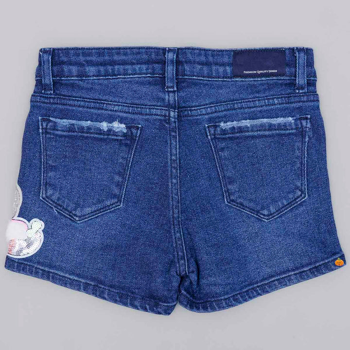 Blue Unicorn Pattern Denim Girls Shorts Back View