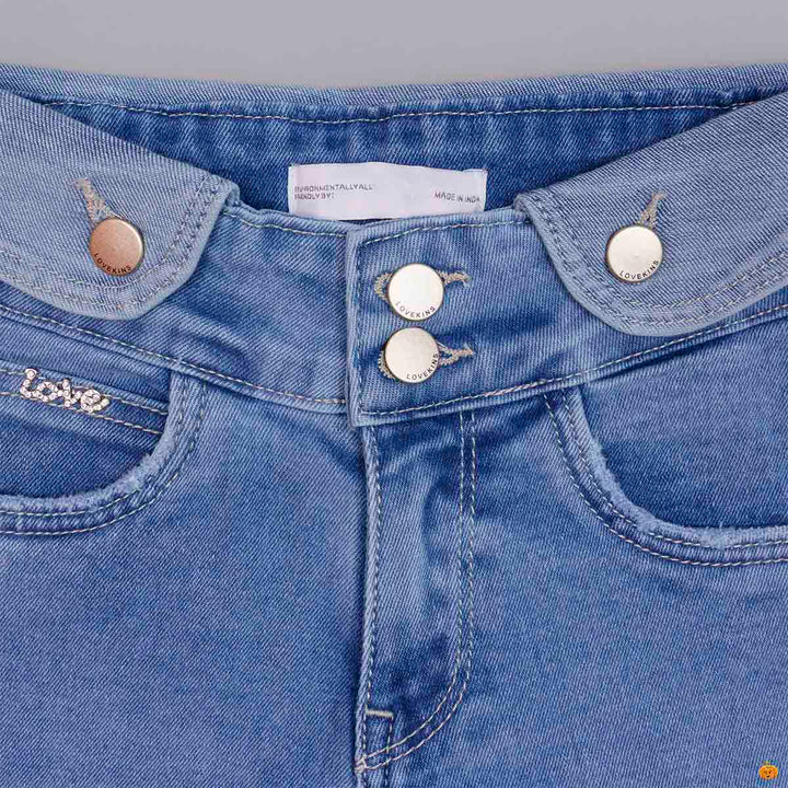 Light Blue Denim Girls Shorts  Close Up View