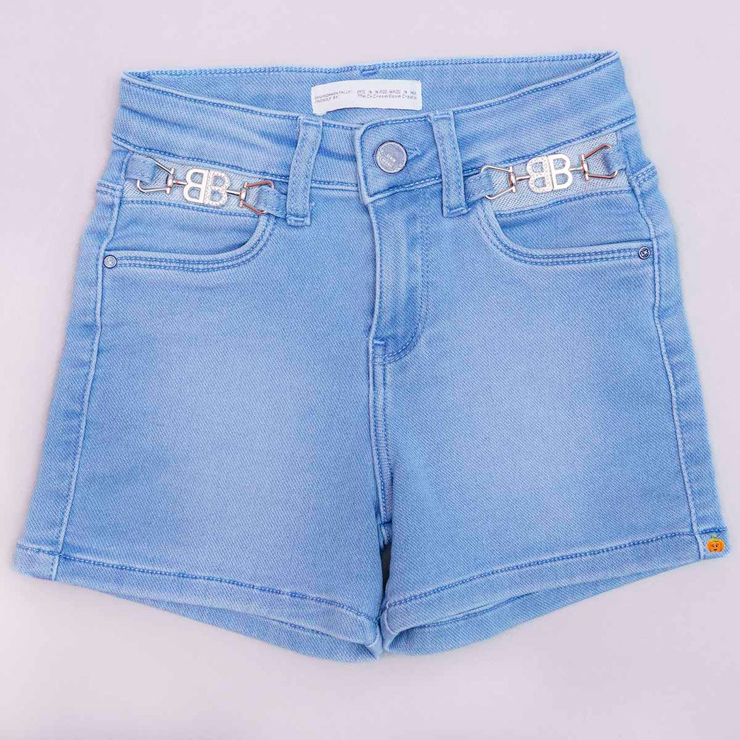 Light Blue Slim Fit Girls Shorts Front View