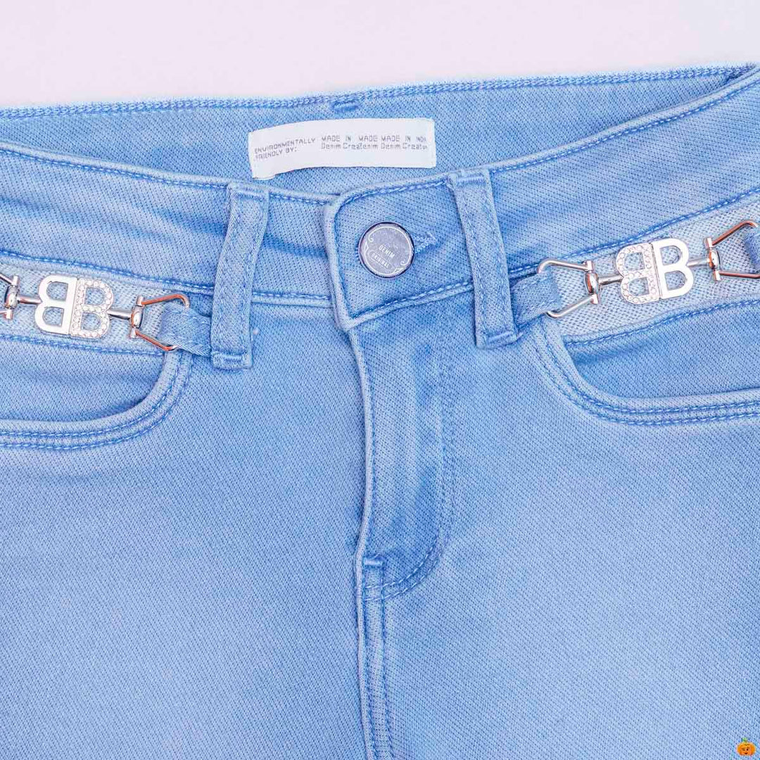 Light Blue Slim Fit Girls Shorts Close Up View