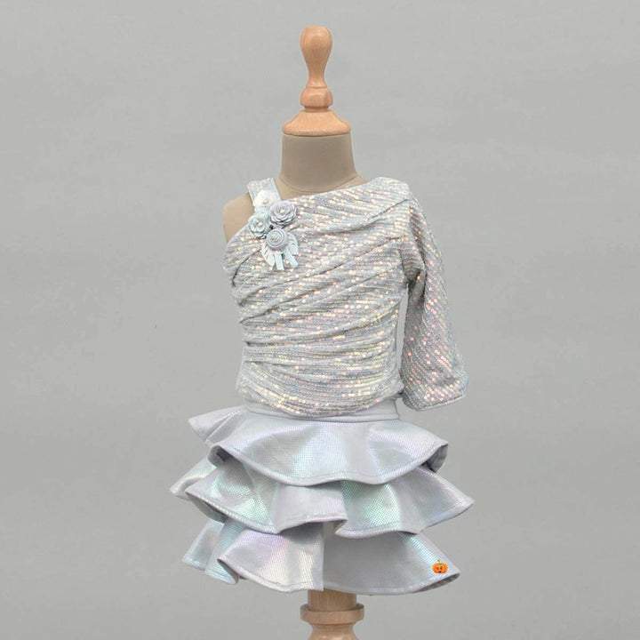 Peach-Grey Sequin Layered Girls Skirt & Top for Kids Front View