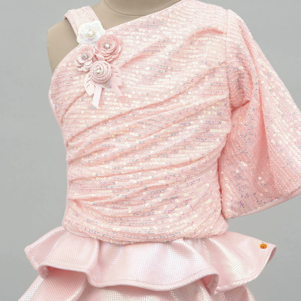 Peach-Grey Sequin Layered Girls Skirt & Top for Kids Close Up View
