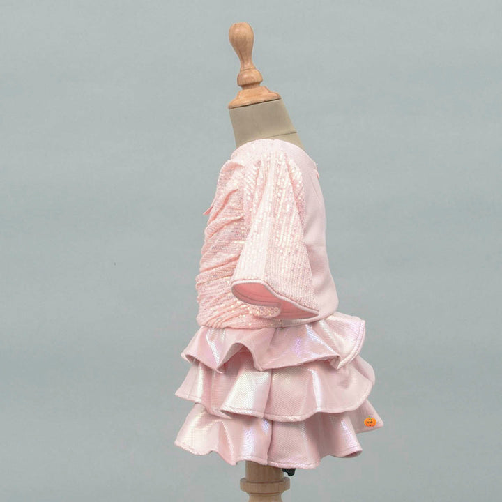 Peach-Grey Sequin Layered Girls Skirt & Top for Kids Side View