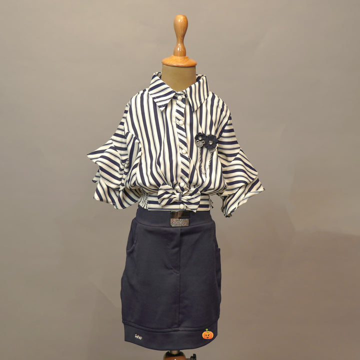 Navy Blue Skirt And lining Print Collar Top For Kids