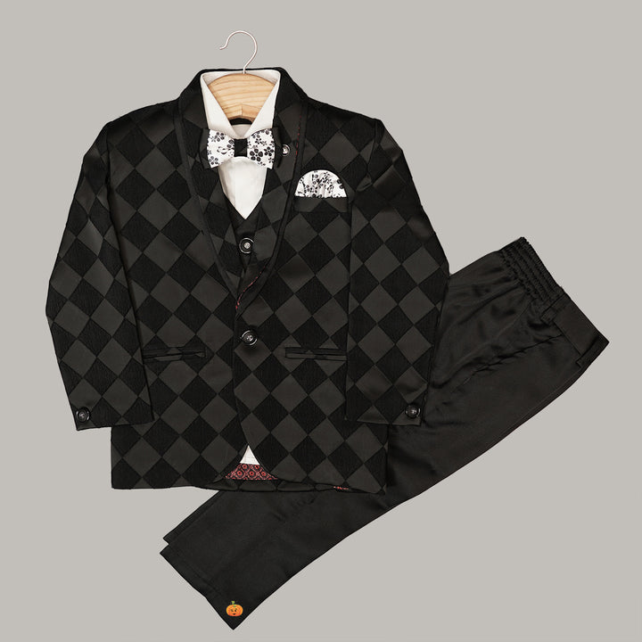 Black Checks Boys Tuxedo Suit Front View