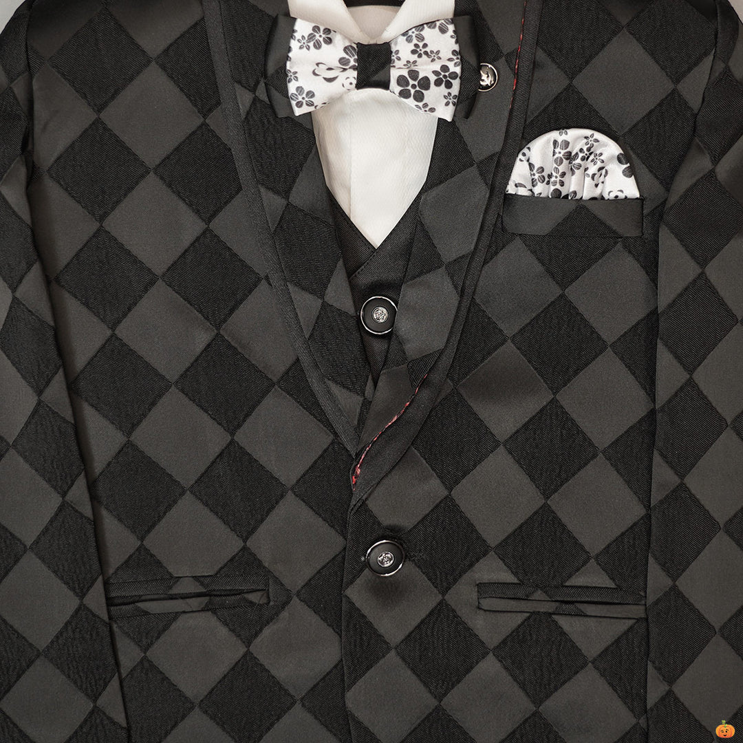 Black Checks Boys Tuxedo Suit Close Up View