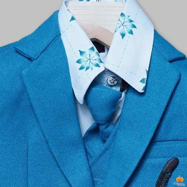 Turquoise Party Wear Boys Suit Close Up View