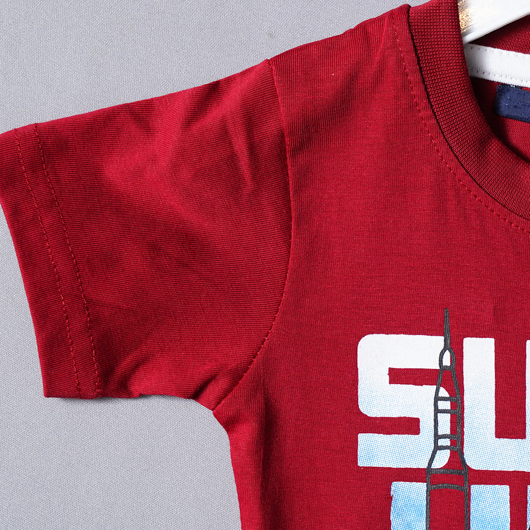 Solid Red Printed T-Shirt for Boys Close Up View