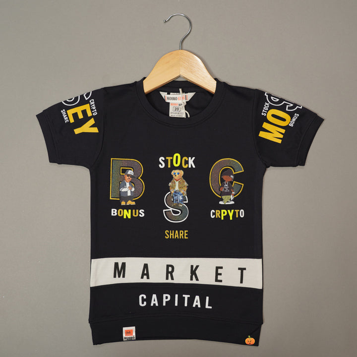 Solid Black Graphic Print T-Shirts For Boys Front View