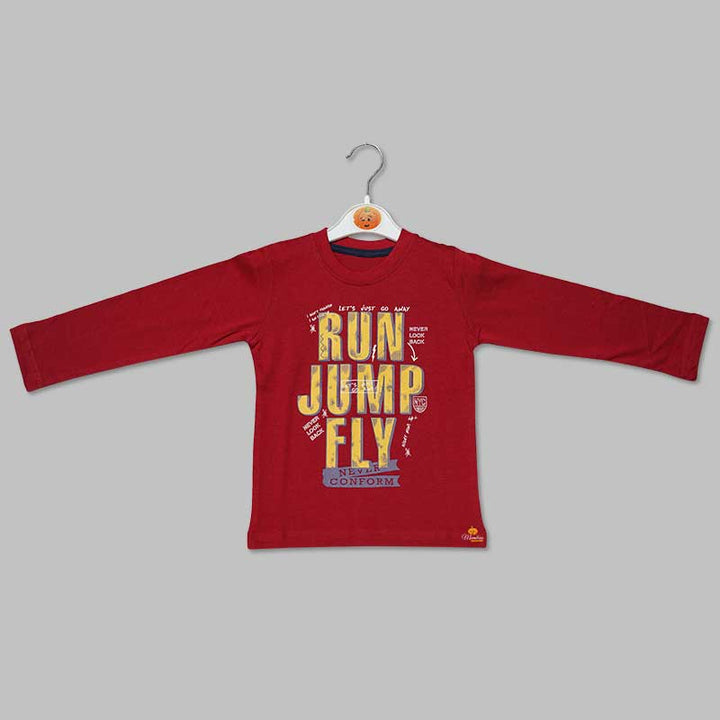 Printed T-Shirts For Boys In Maroon Color Front View 