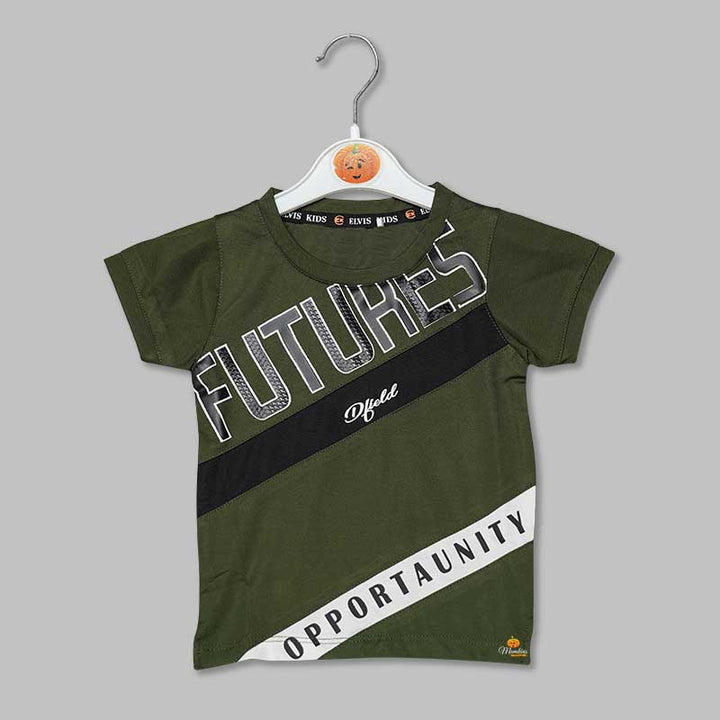 Solid Dark Green Striped Designer T- Shirt for Boys Variant Front View