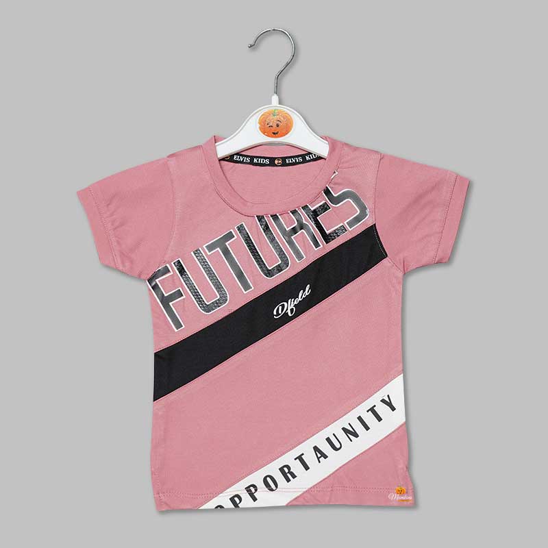 Solid Pink Striped Designer T- Shirt for Boys Front View