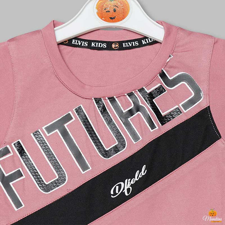 Solid Pink Striped Designer T- Shirt for Boys Close Up View