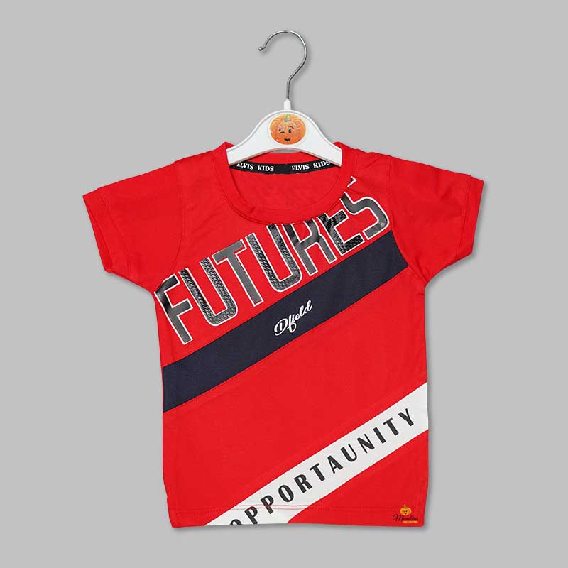 Solid Red Striped Designer T- Shirt for Boys Variant Front View