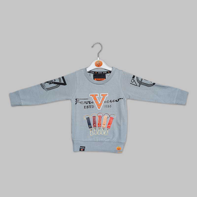 Graphic Text Print Full Sleeve t-Shirts for Boys in Grey