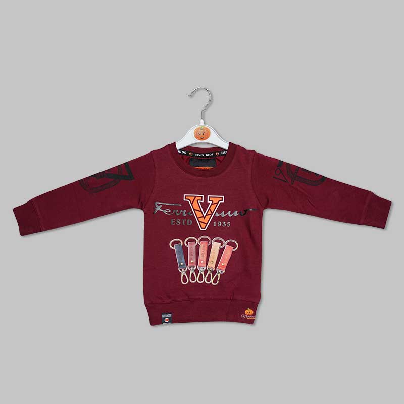 Graphic Text Print Full Sleeve t-Shirts for Boys in Maroon