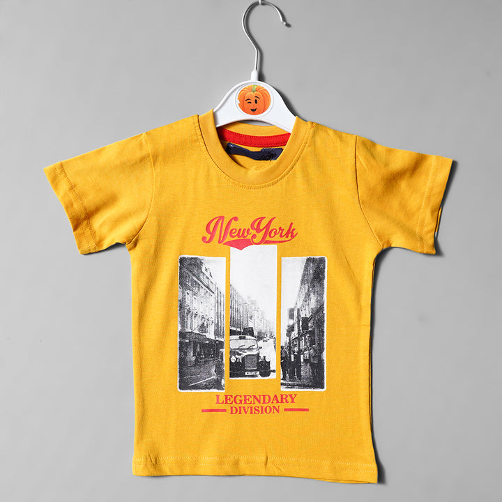 Mustard Printed Summer Wear T-Shirt for Boys Front View