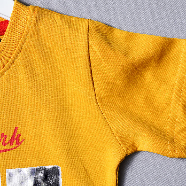 Mustard Printed Summer Wear T-Shirt for Boys Close Up View