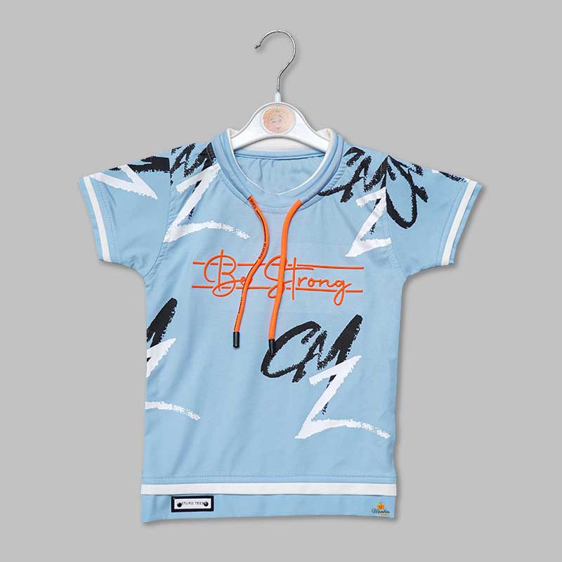 Solid Blue Printed T-Shirts for Boys with Neck Lace Variant Front View