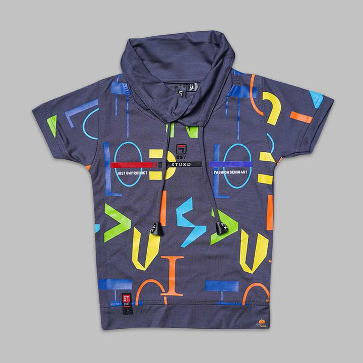 Solid Blue Printed T-shirts for Boys with Cowl Neck Front View