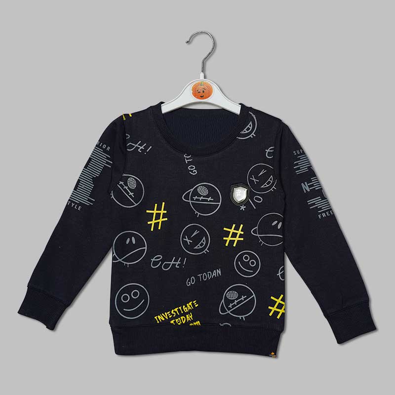 Black Graphic Full Sleeves T-shirt for Boys Front View