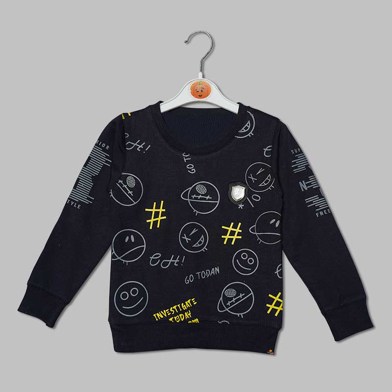 Black Graphic Full Sleeves T-shirt for Boys Front View
