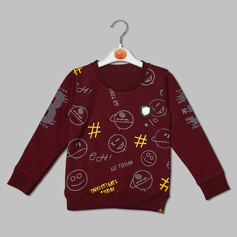 Maroon Graphic Full Sleeves T-shirt for Boys Front View
